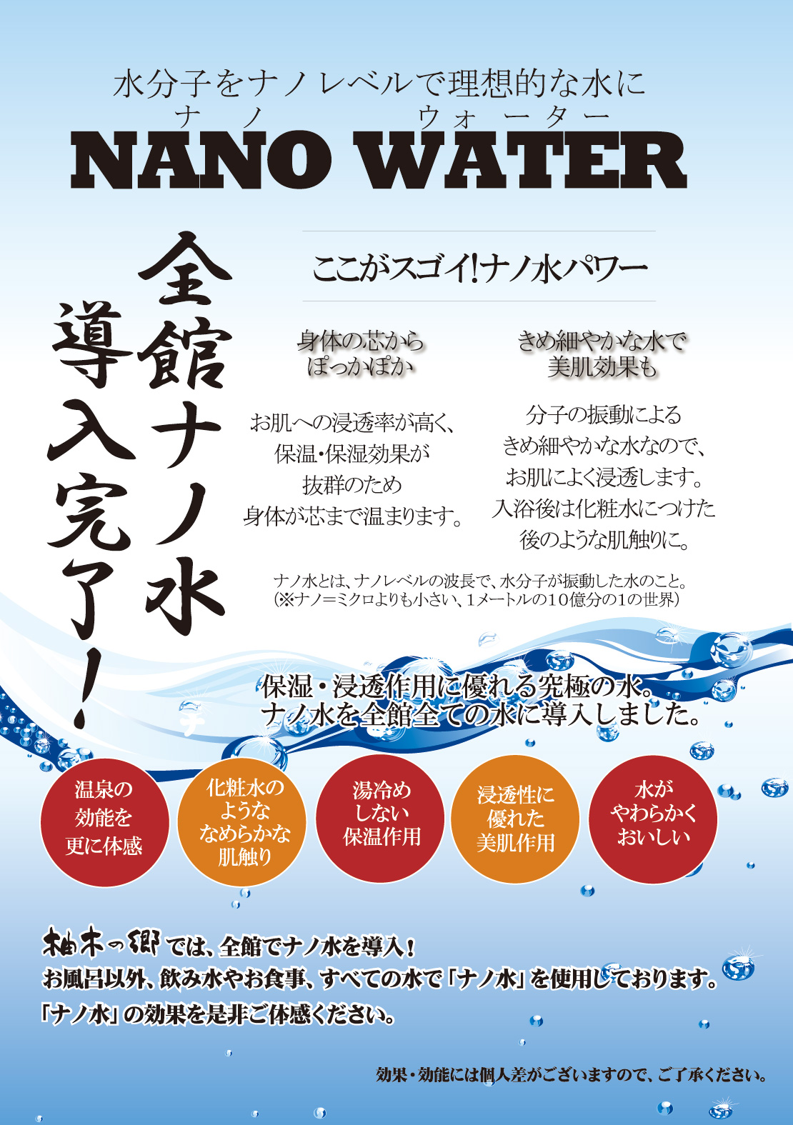 柚木の郷では、全館でナノ水を導入しております。